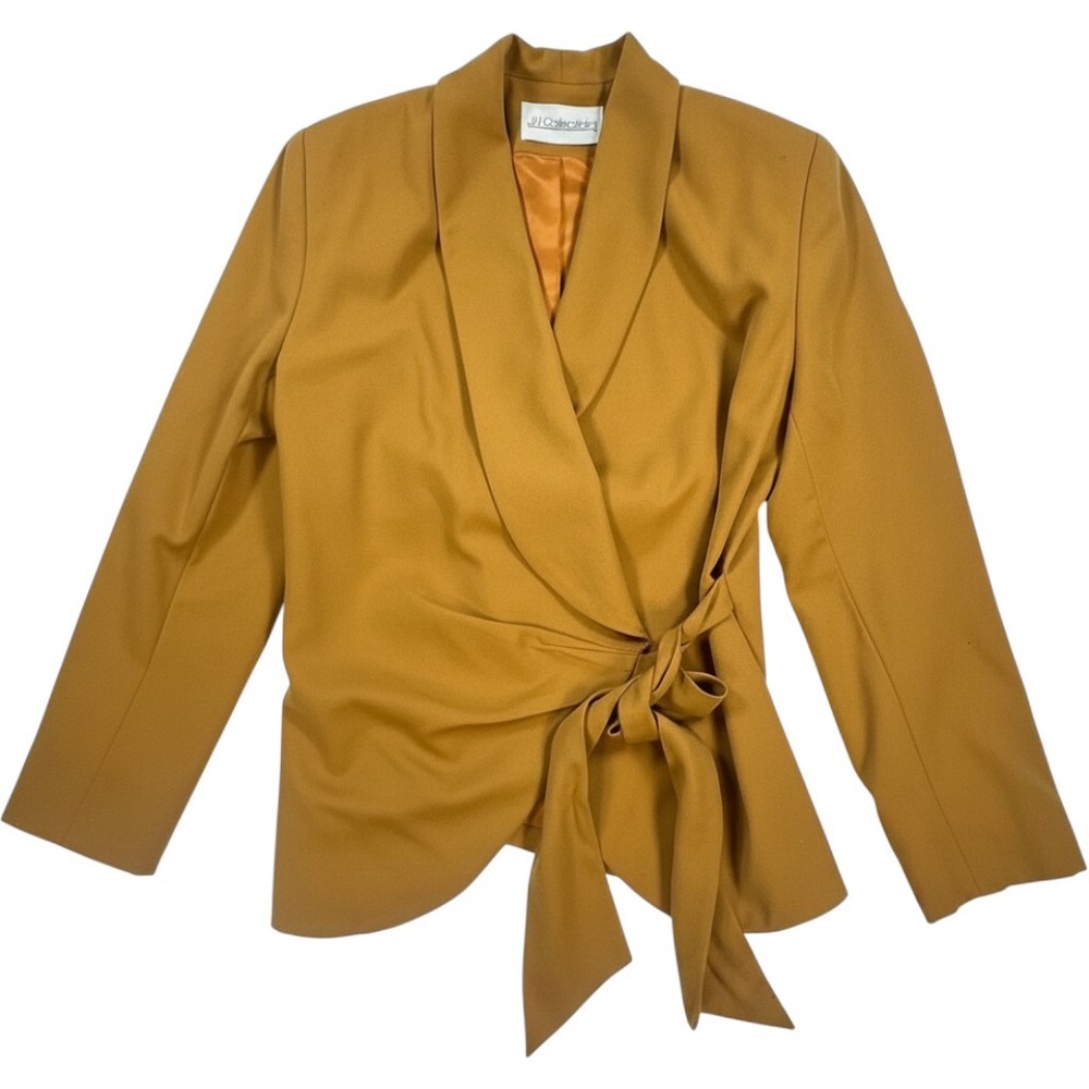 Vintage JH Collectibles 100% Wool Wrap Blazer Mustard Tan Side Tie Jacket Size 8
